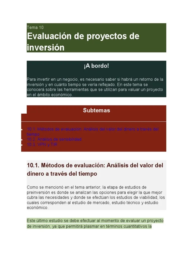 Tema 10 Evaluacion De Proyectos De Inversion | PDF | Tasa Interna De Retorno | Economias