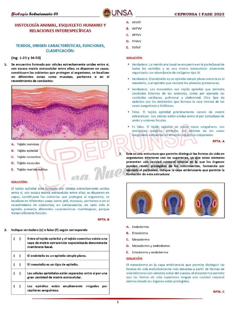 Practica #05 Solucionario Biología - Ceprunsa I Fase 2023 | PDF