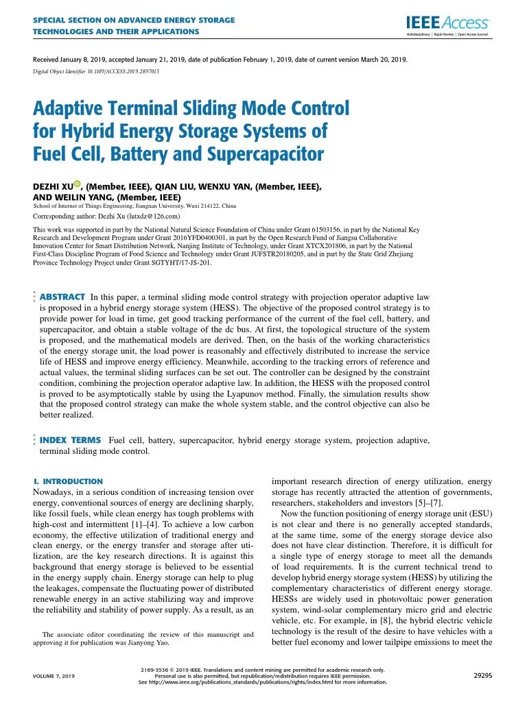 Adaptive Terminal Sliding Mode Control For Hybrid Energy Storage Systems Of Fuel Cell Battery ...