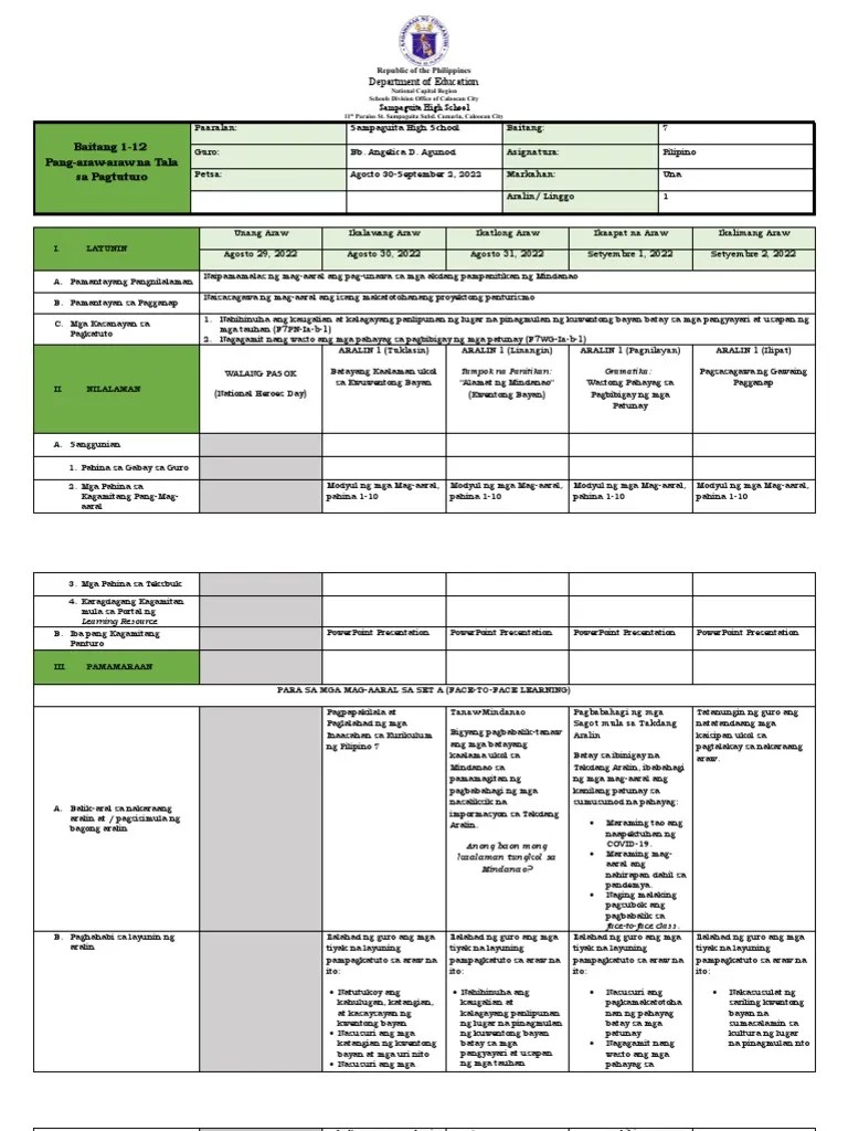 Week 2 - Quarter 1 - DLL - Filipino 7 | PDF