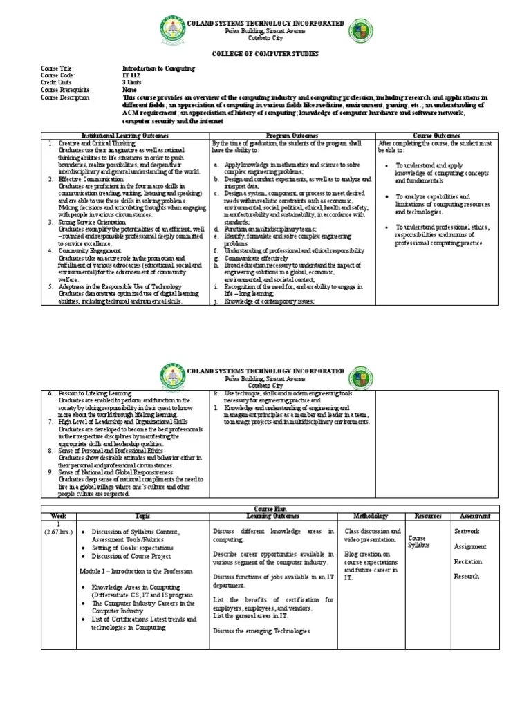 College-Of-Computer-Studies-Intro-To-Computing - Obe Syllabus | PDF ...