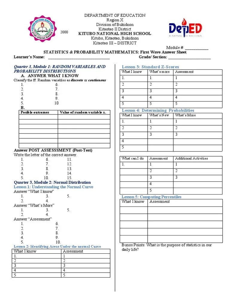 STATISTICS AND PROBABILITY Math 11 Q1 WAVE 1 Answer Sheet | Download ...