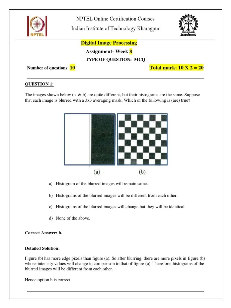 NPTEL Digital Image Processing MCQ Assignment | PDF | Vision | Graphics