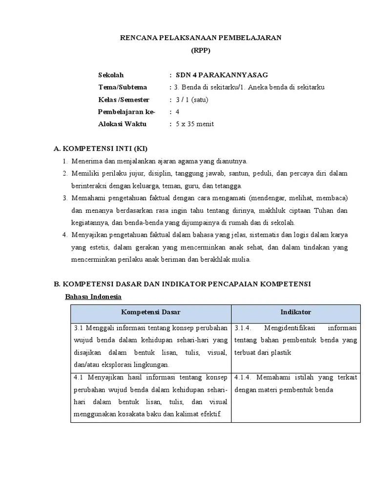 RPP Kelas 3 Tema 3 Sub Tema 1 Pembelajaran 4 | PDF