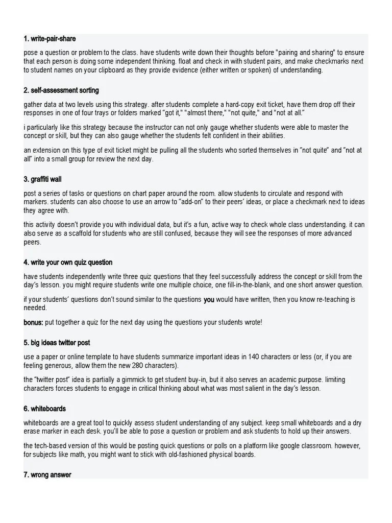 Formative Assessments Sample Activities | PDF | Understanding | Cognition