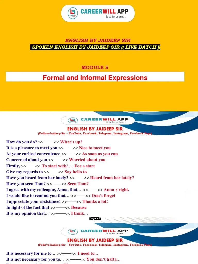 Formal And Informal Expressions: English By Jaideep Sir | PDF
