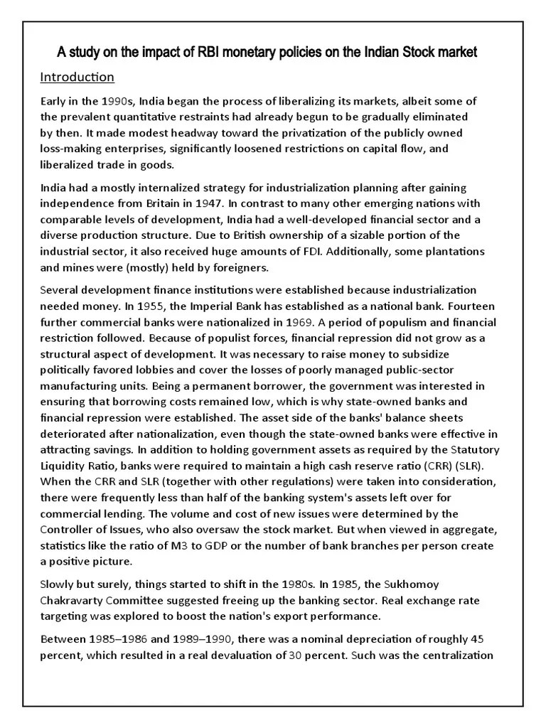 A Study On The Impact Of RBI Monetary Policies On Indian Stock Market | PDF | Reserve Bank Of ...