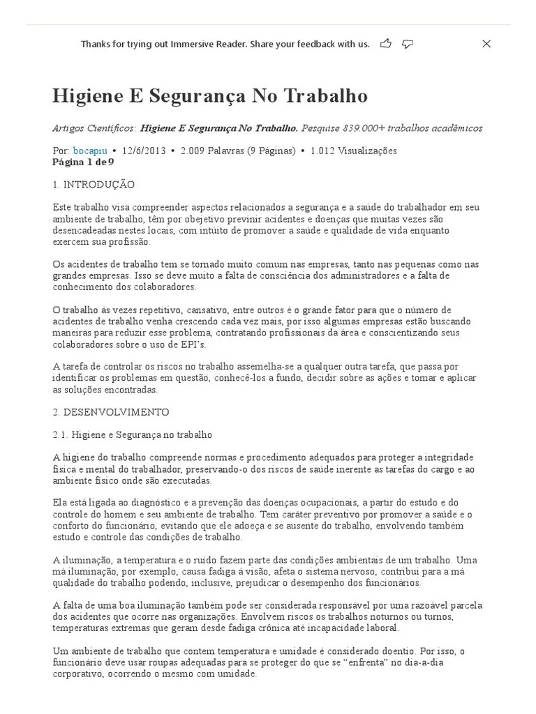 Higiene E Segurança No Trabalho | PDF | Segurança E Saúde Ocupacional ...