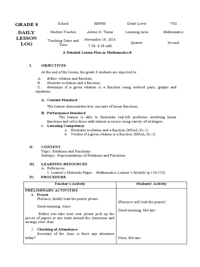 Lesson Plan-Functions And Relations | PDF | Function (Mathematics ...