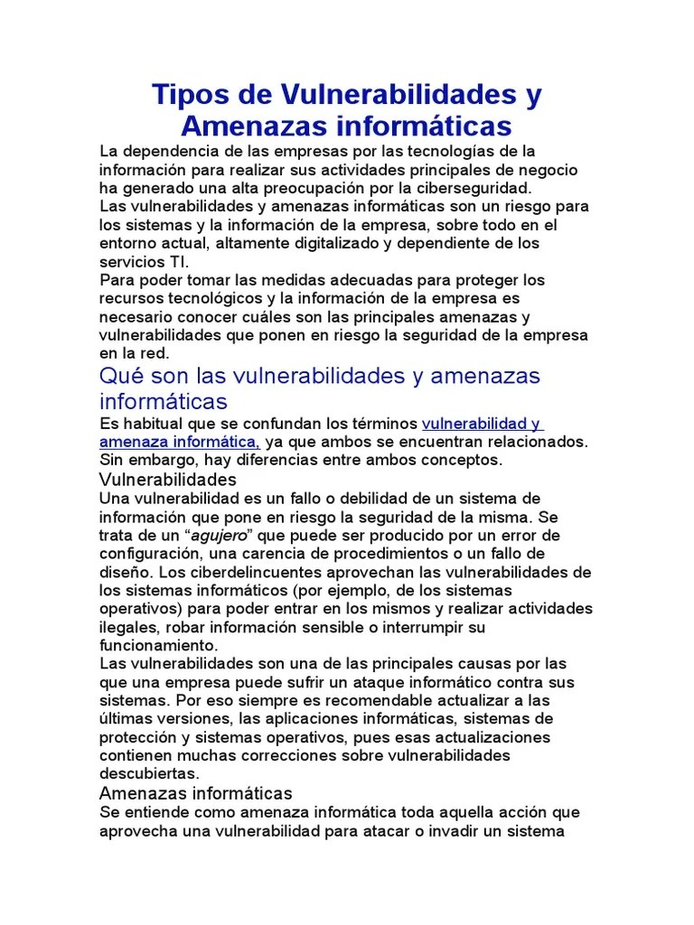 Tipos De Vulnerabilidades Y Amenazas Informáticas | PDF | Seguridad | La Seguridad Informática