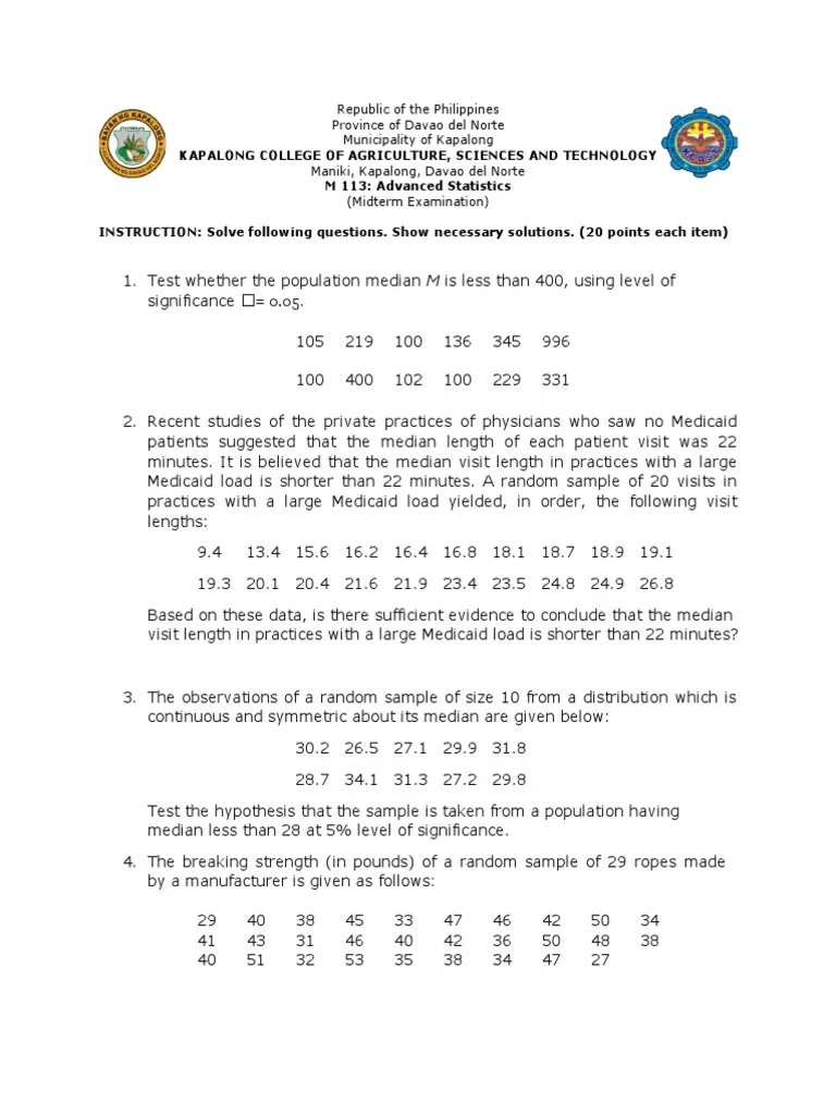 Advanced Stat - Midterm | PDF | Sampling (Statistics) | Median