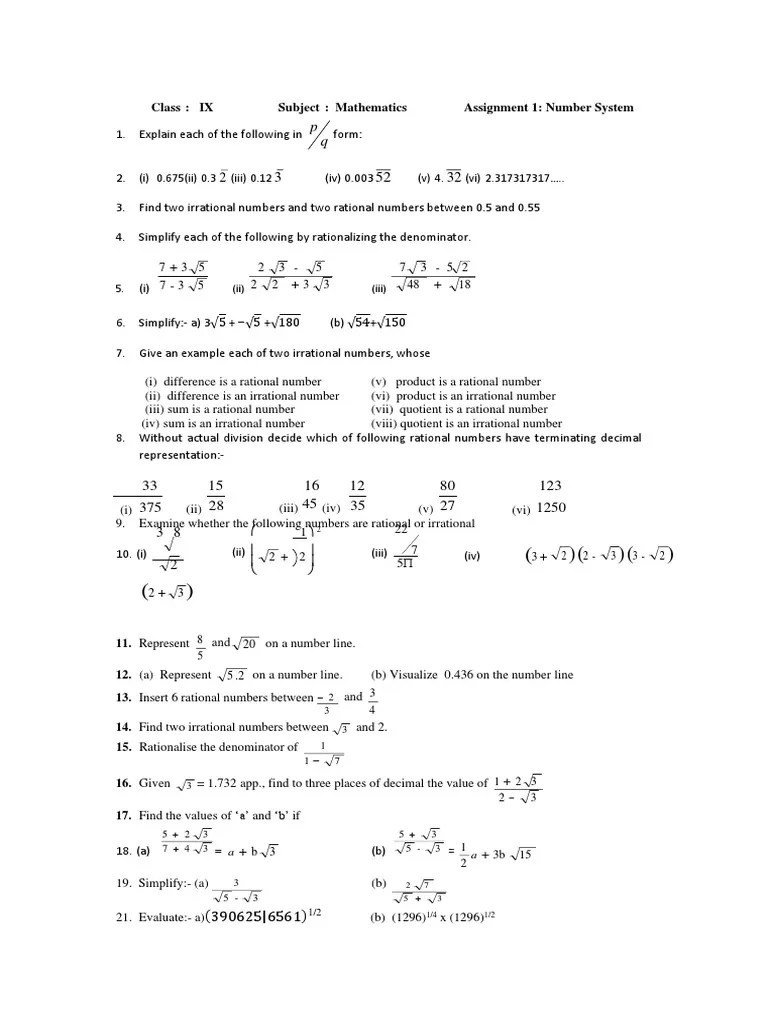 Chapter 1 Class 9 Mathematics Worksheet - 1 | PDF | Numbers | Rational ...