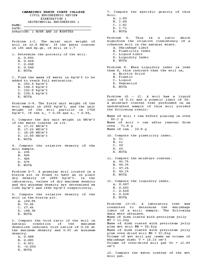 Examination 1 - Geotechnical Engineering 1 | PDF | Density | Soil Mechanics
