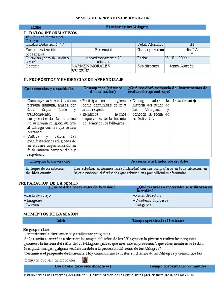 Sesión De Aprendizaje Religión 23-10 | PDF | Evaluación | Aprendizaje