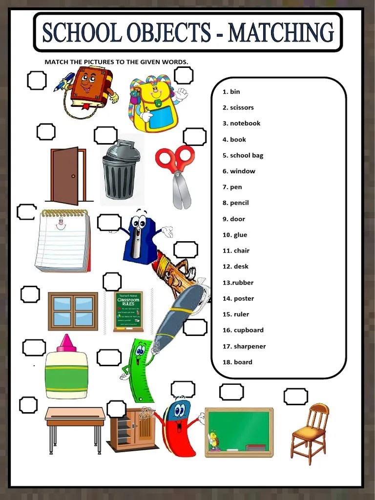 Matching Common School Items: An Exercise To Connect Pictures With ...
