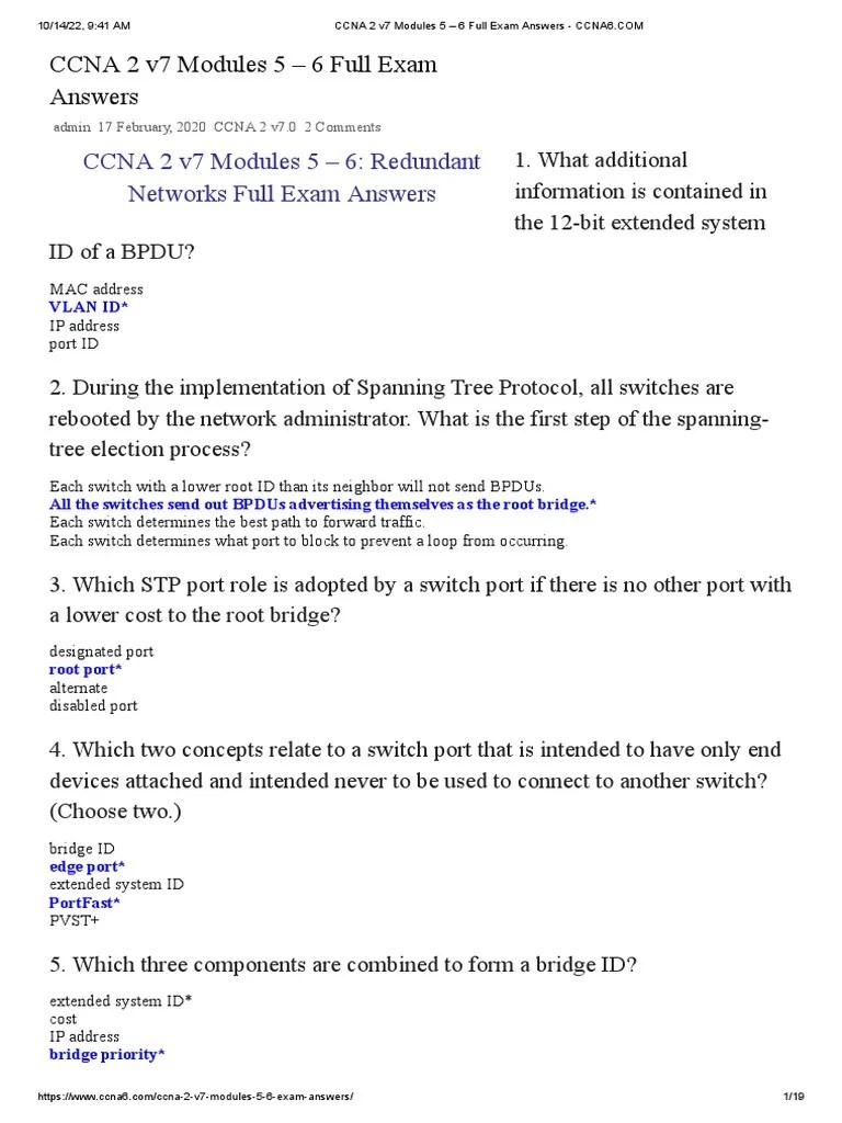 CCNA 2 V7 Modules 5 - 6 Full Exam Answers | Download Free PDF ...