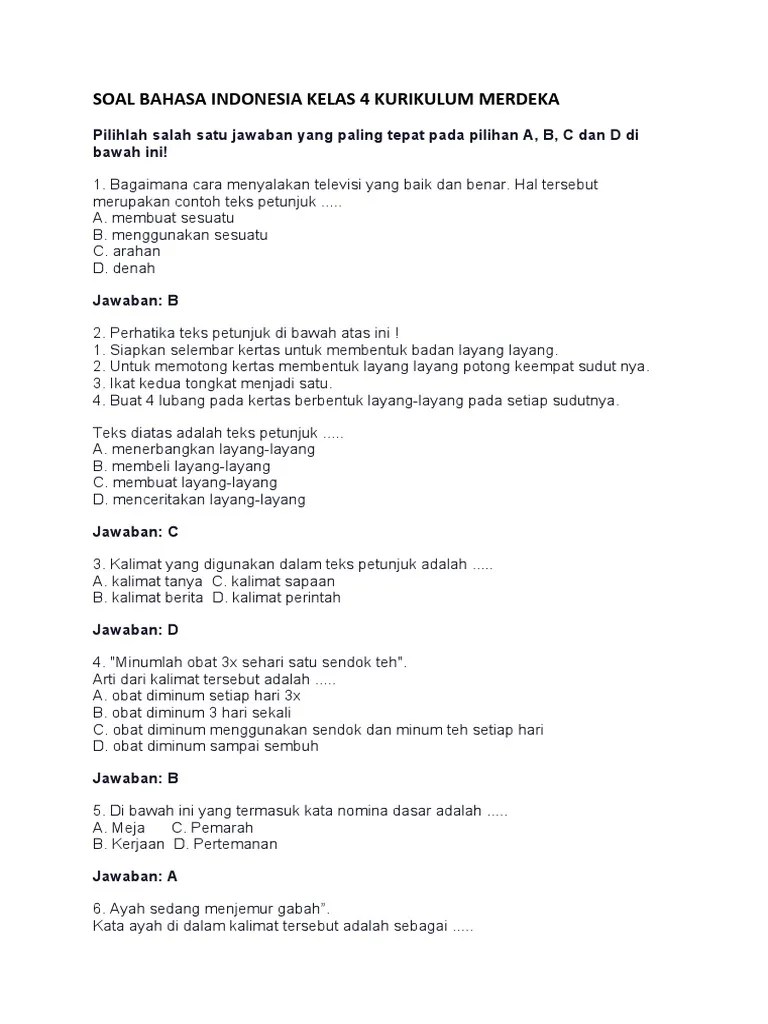 Soal Bahasa Indonesia Kelas 4 Kurikulum Merdeka | PDF