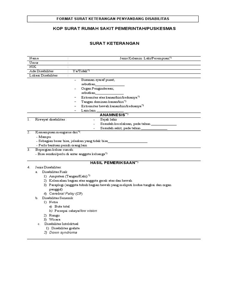 4 Format Surat Keterangan Penyandang Disabilitas Rs Pemerintah Teknis | PDF