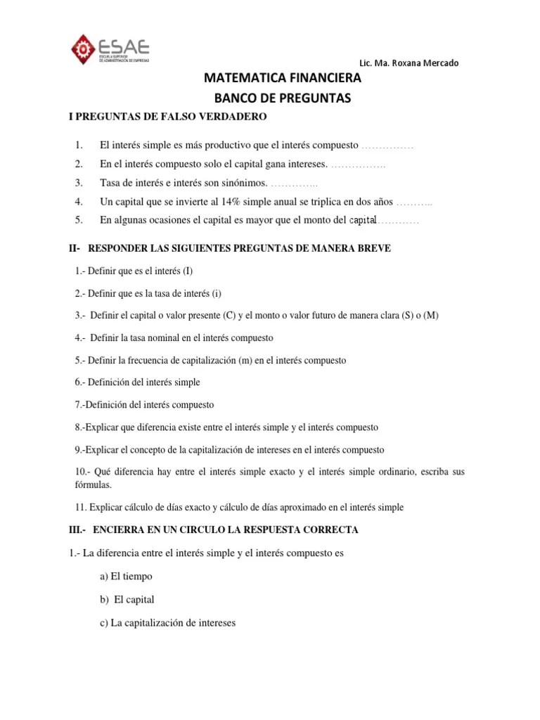Banco De Preguntas Para Matematica Financiera | PDF | Interés ...