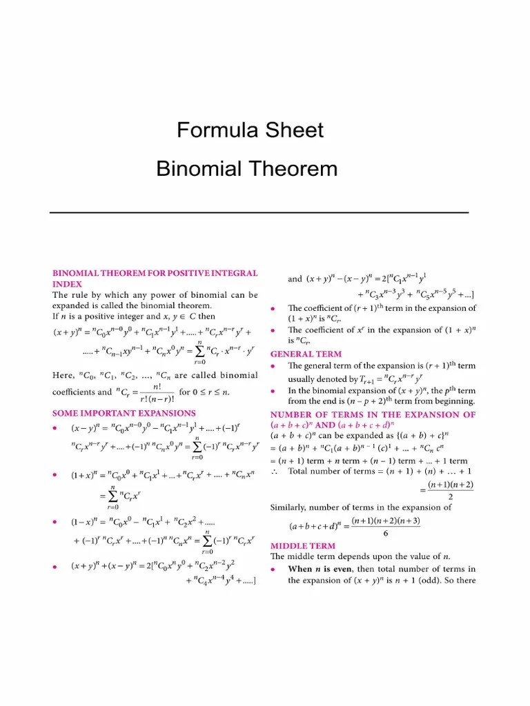 Binomial Theorem Short Notes | PDF