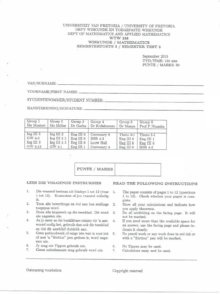 2019 - WTW 238 - Semester Test 2 - Question Paper | PDF