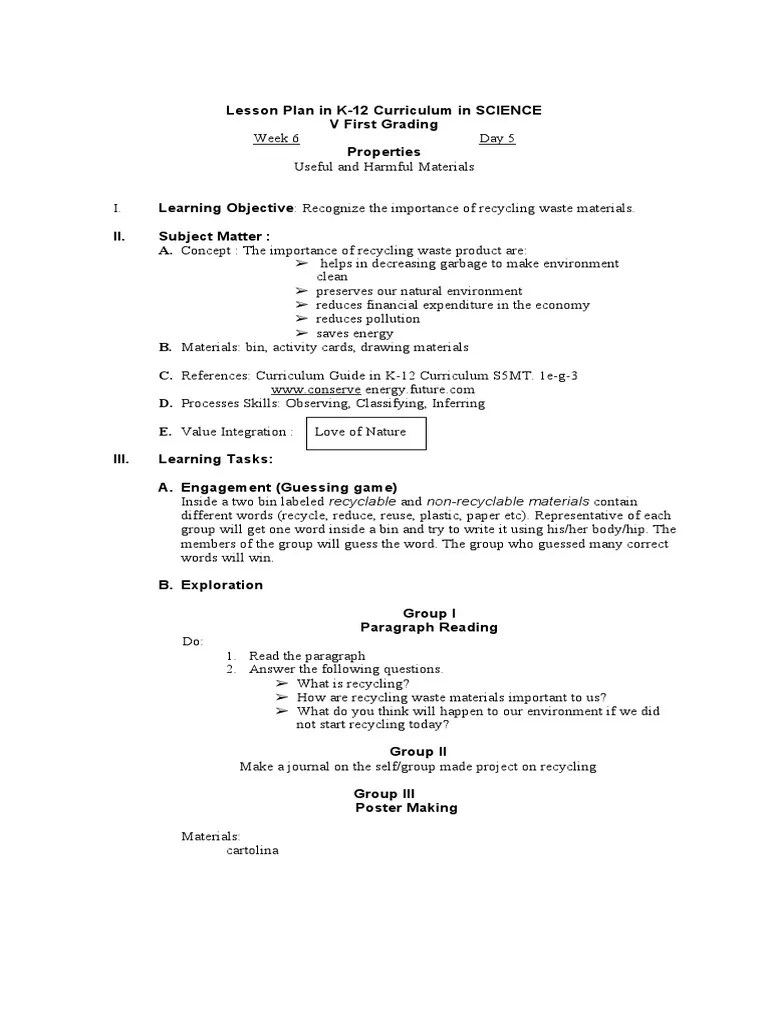 Lesson Plan In Science 5 | PDF | Recycling | Waste