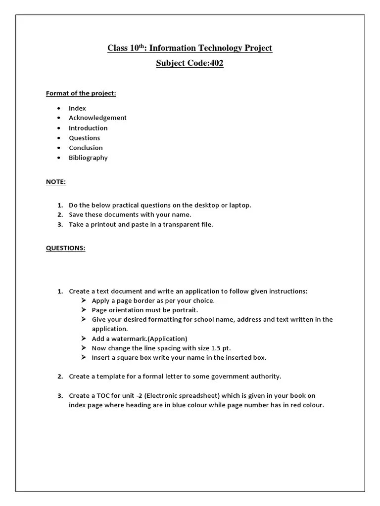 Class 10th Infomation Technology Project | Download Free PDF | Spreadsheet | Worksheet