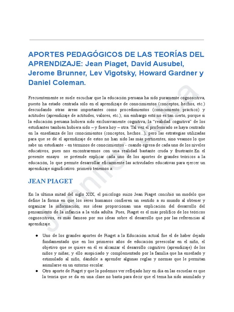 APORTES PEDAGÓGICOS DE LAS TEORÍAS DEL APRENDIZAJE - Jean Piaget, David ...