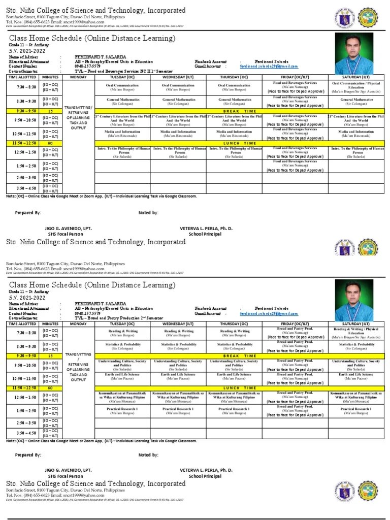 Class Program Tvl-He Odl (2021-2022) | PDF | Academic Term