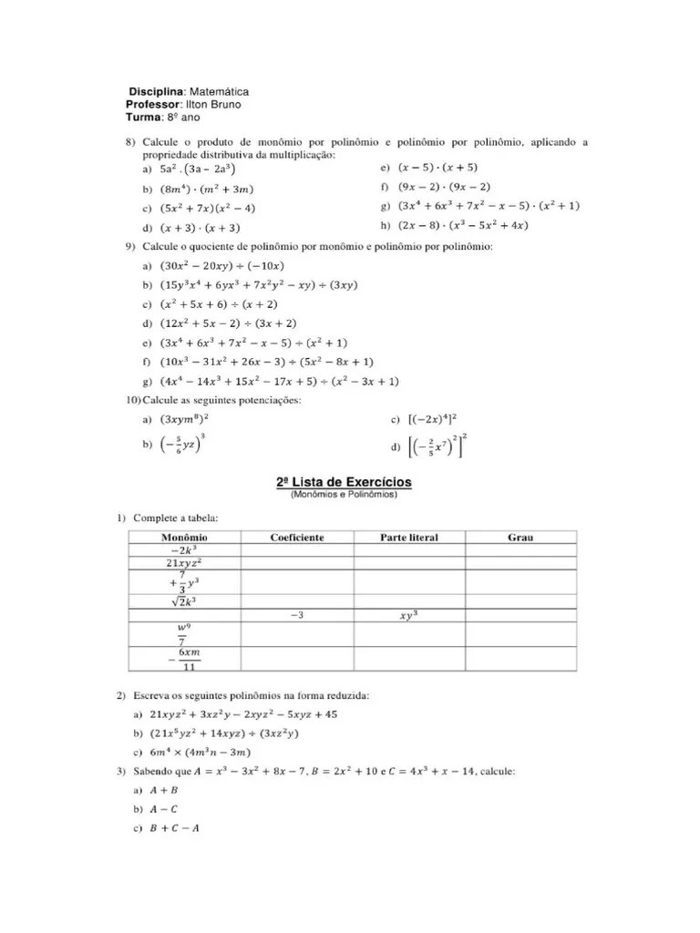 Exercicios Monomios E Polinomios | PDF