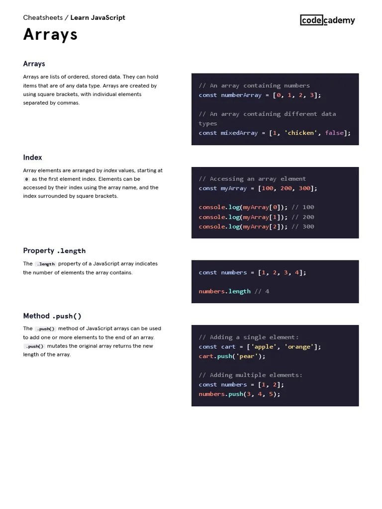 Learn JavaScript - Arrays Cheatsheet - Codecademy | PDF | Array Data ...