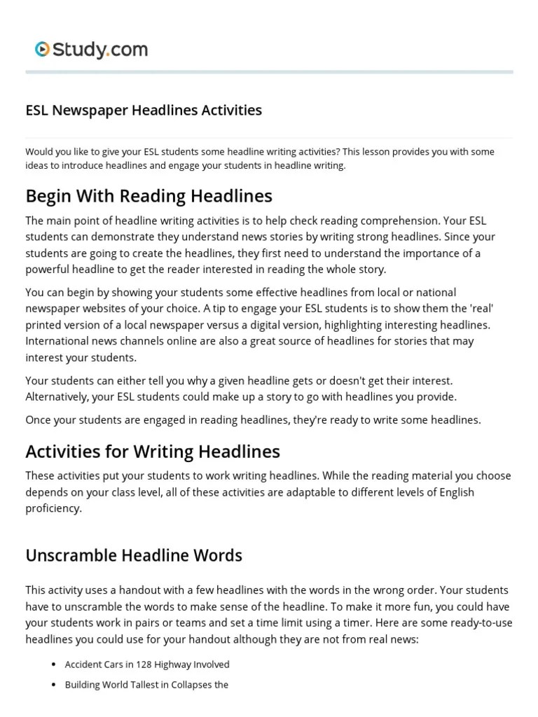 ESL Newspaper Headlines Activities | PDF | English As A Second Or ...