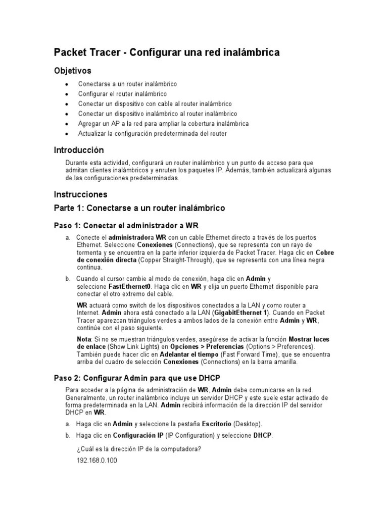 Packet Tracer | PDF | Dirección IP | Punto De Acceso Inalámbrico