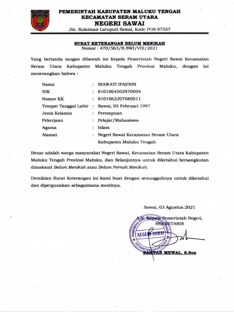 Surat Keterangan Belum Menikah | PDF