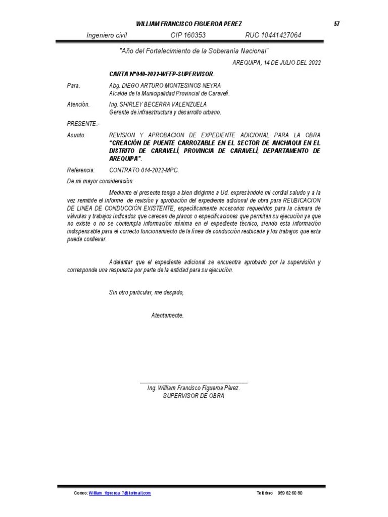 Carta N°040-2022-Wffp-Aprobacion De Adicional De Obra | PDF | Presupuesto | Economias