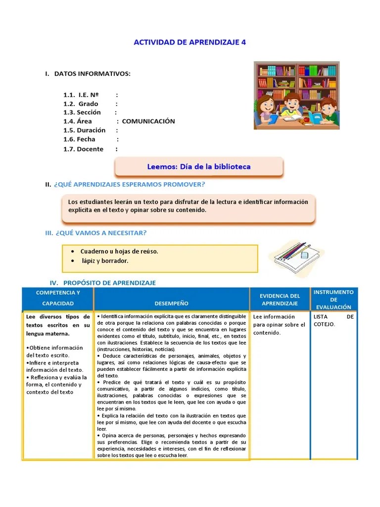 D4 A2 SESION Leemos Día De La Biblioteca | PDF | Evaluación | Biblioteca Escolar