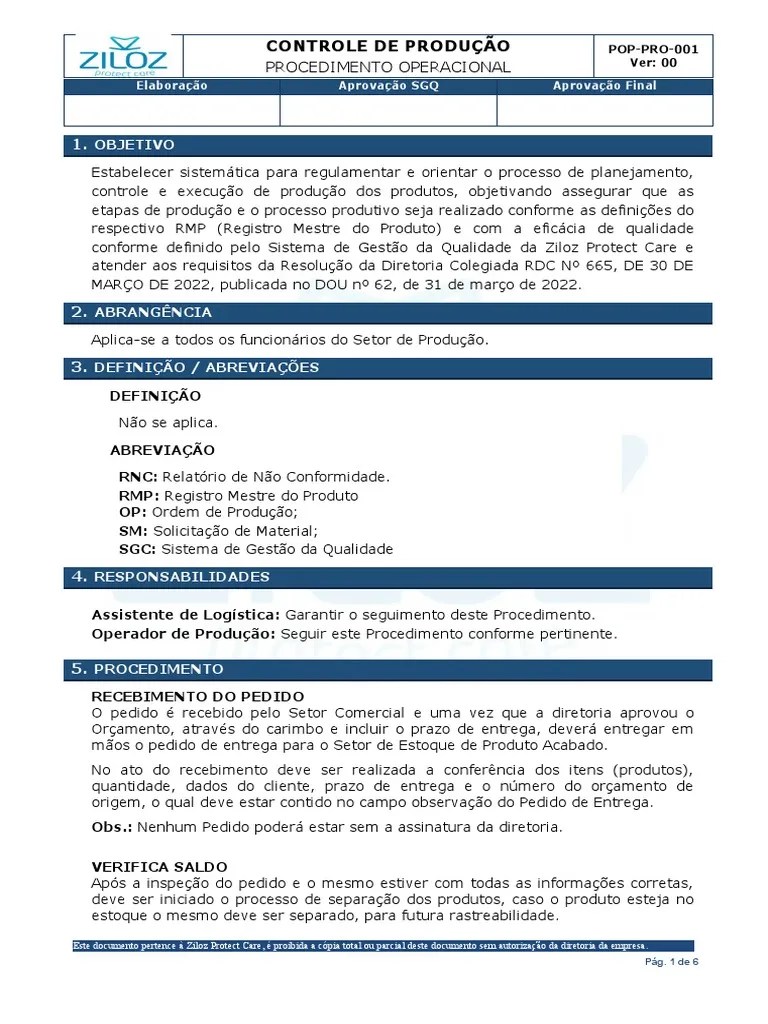 Pop-Pro-001 - Produção | PDF | Qualidade (negócios) | Logística