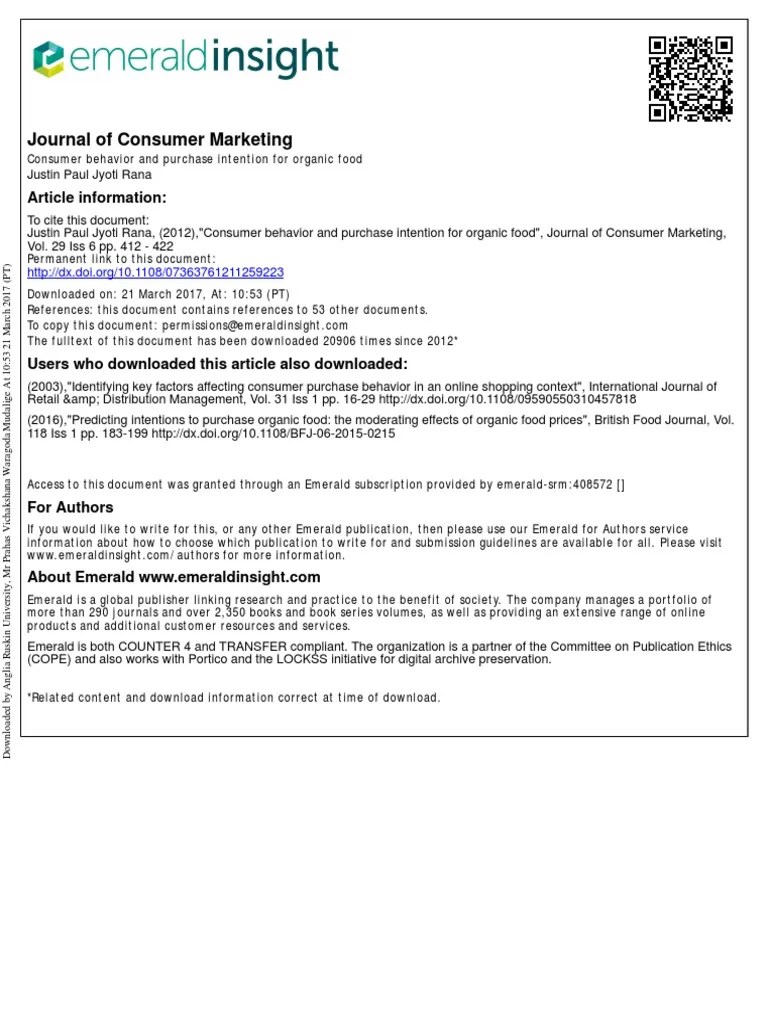 Consumer Behaviour And Purchase Intention For Organic Food | PDF | Organic Foods | Consumer ...