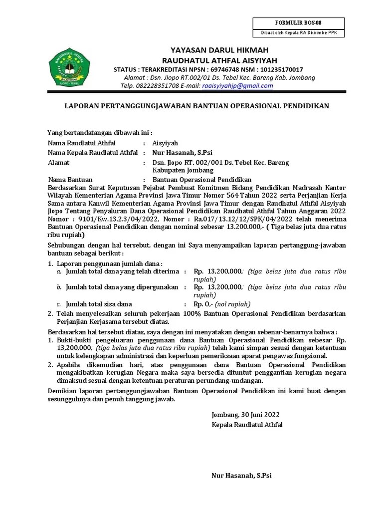 BOP - Formulir BOS-08 Laporan Pertanggungjawaban Bantuan Operasional Pendidikan | PDF