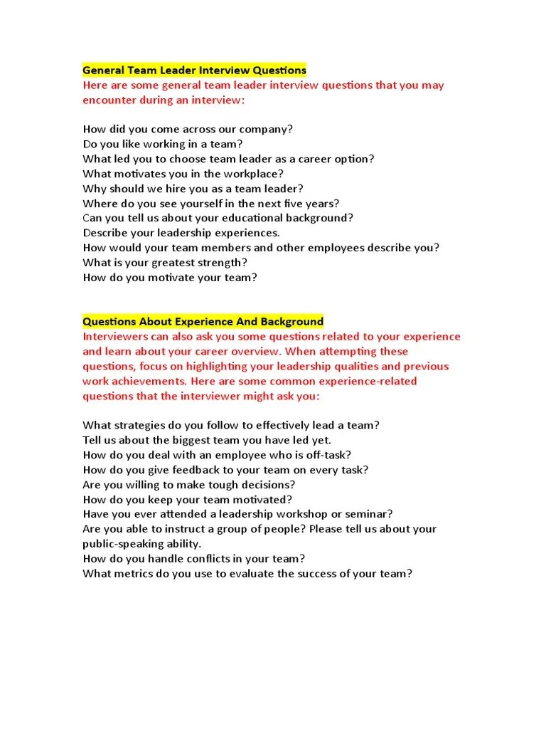 General Team Leader Interview Questions | PDF | Leadership | Cognitive ...