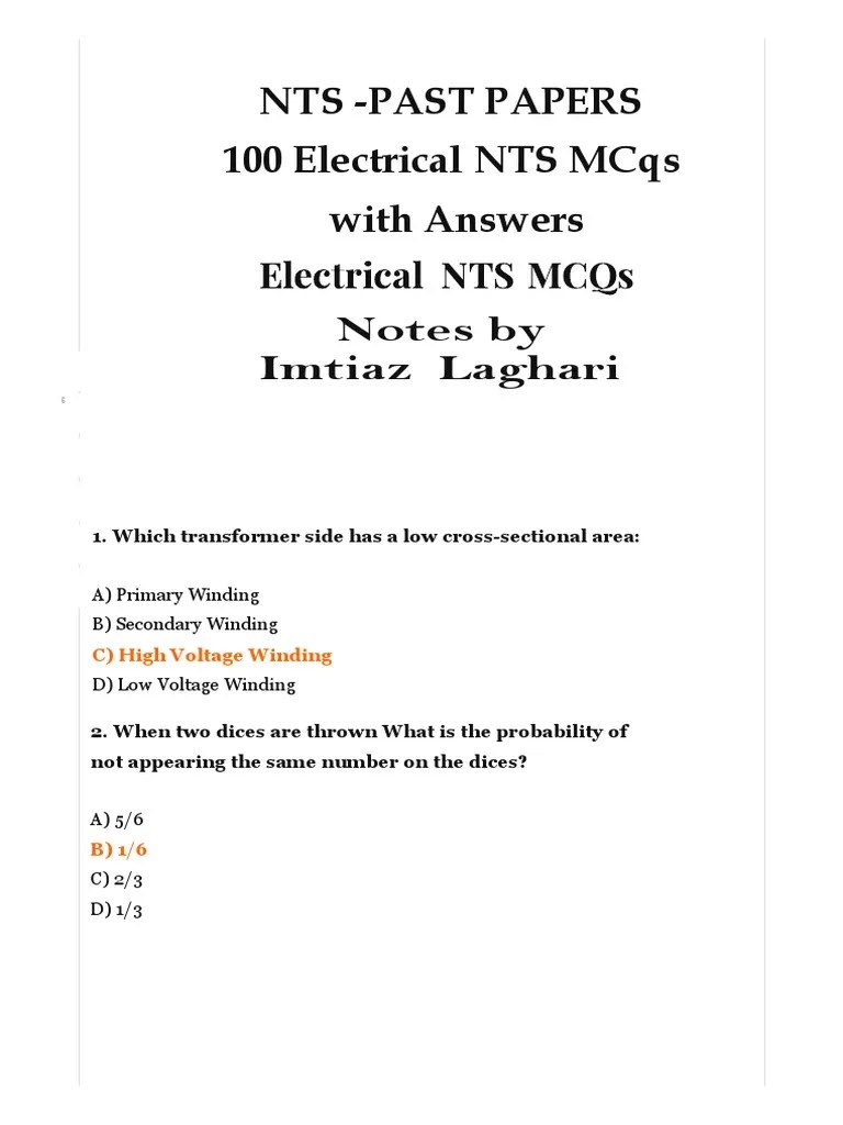 100 Electrical NTS MCQs With Answers (2019-20) 1 | PDF | Inductance | Transformer