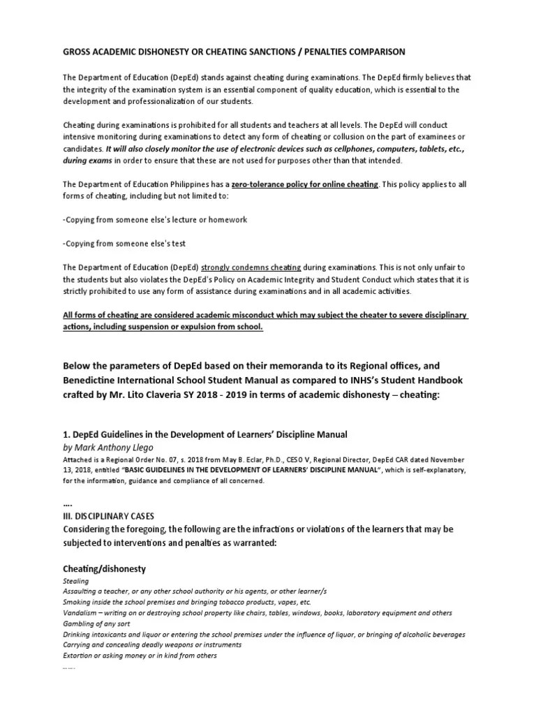 The Department Of Education On Academic Dishonesty | PDF | Academic ...