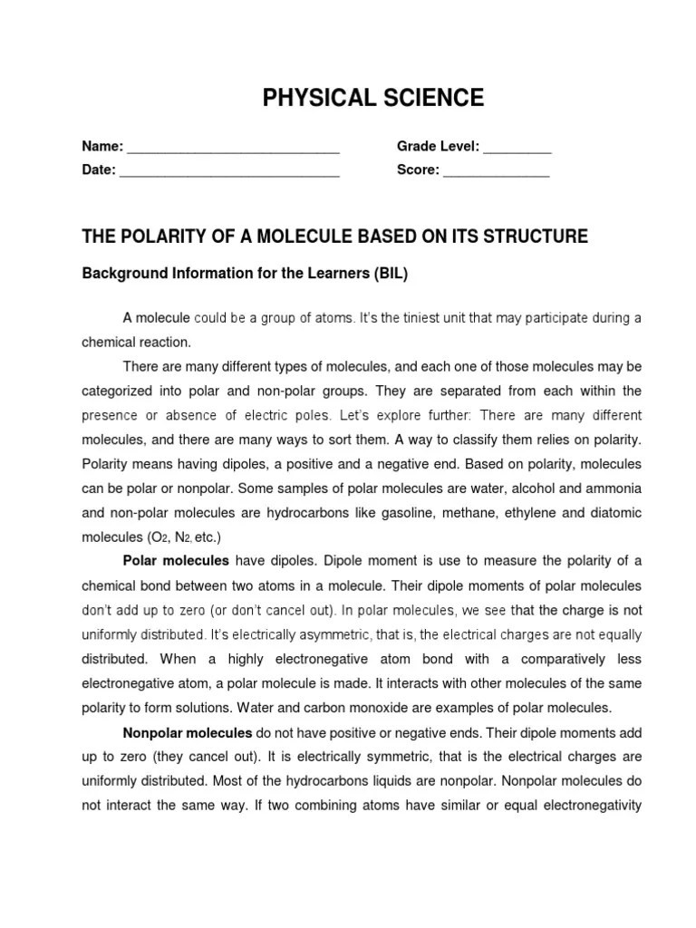 Physical Science - M3 - Polarity Of Molecules | PDF | Chemical Polarity | Chemical Bond