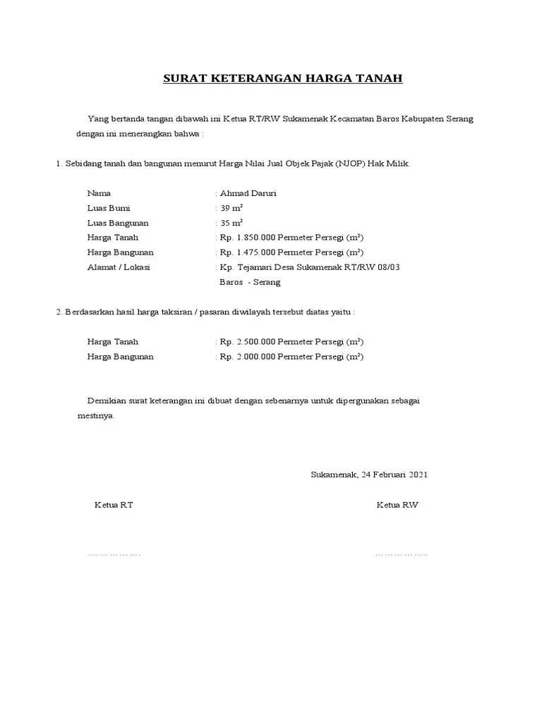 Surat Keterangan Harga Tanah | PDF