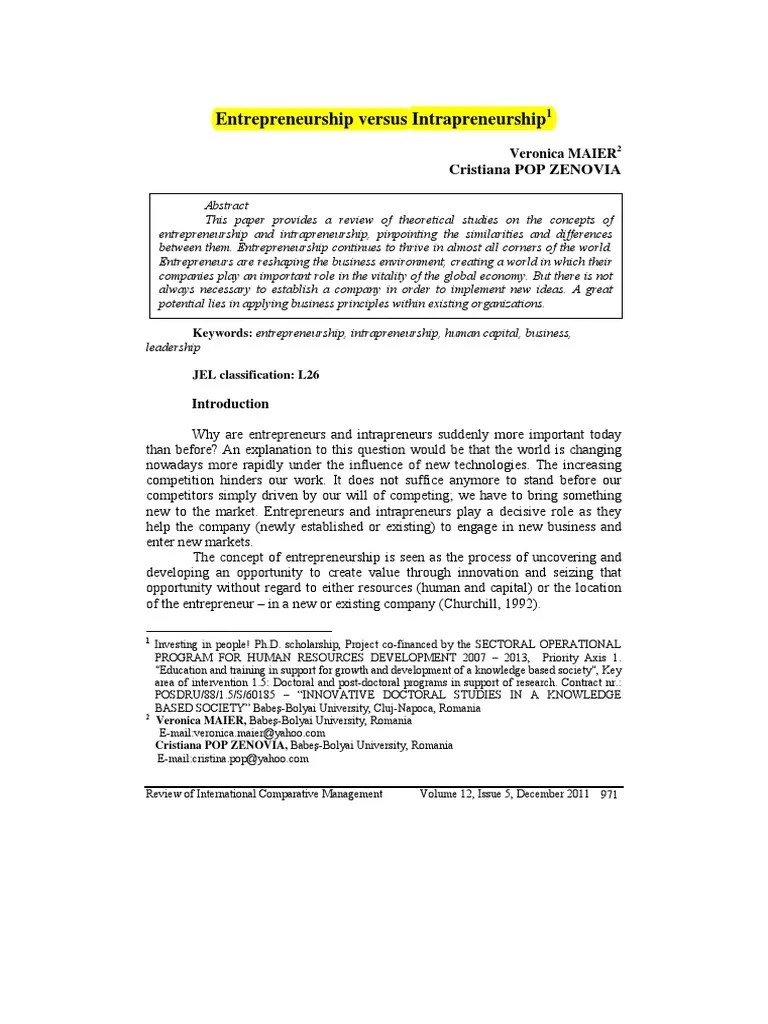 Entrepreneurship Versus Intrapreneurship | PDF | Entrepreneurship ...