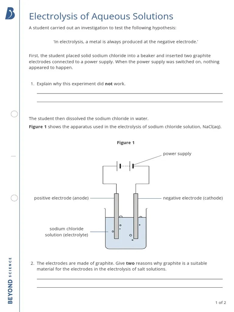 Electolysis Of Aqueous Solutions Worksheet | PDF