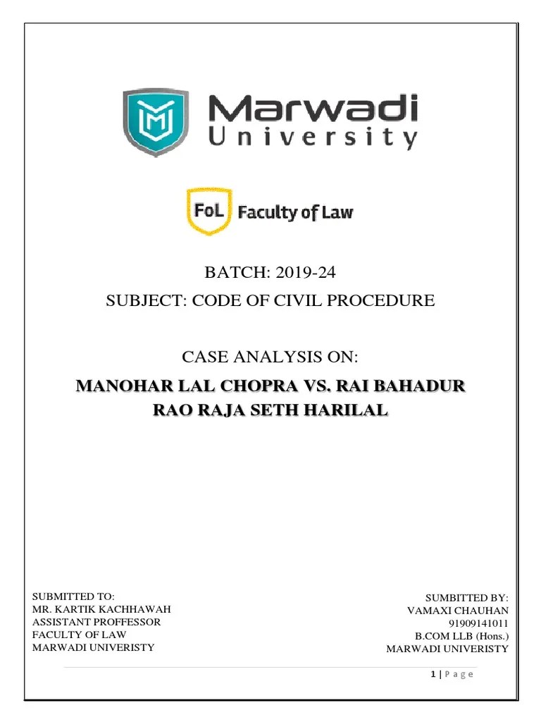 Analysis Of The Supreme Court's Landmark Judgement In Manohar Lal Chopra Vs. Rai Bahadur Rao ...