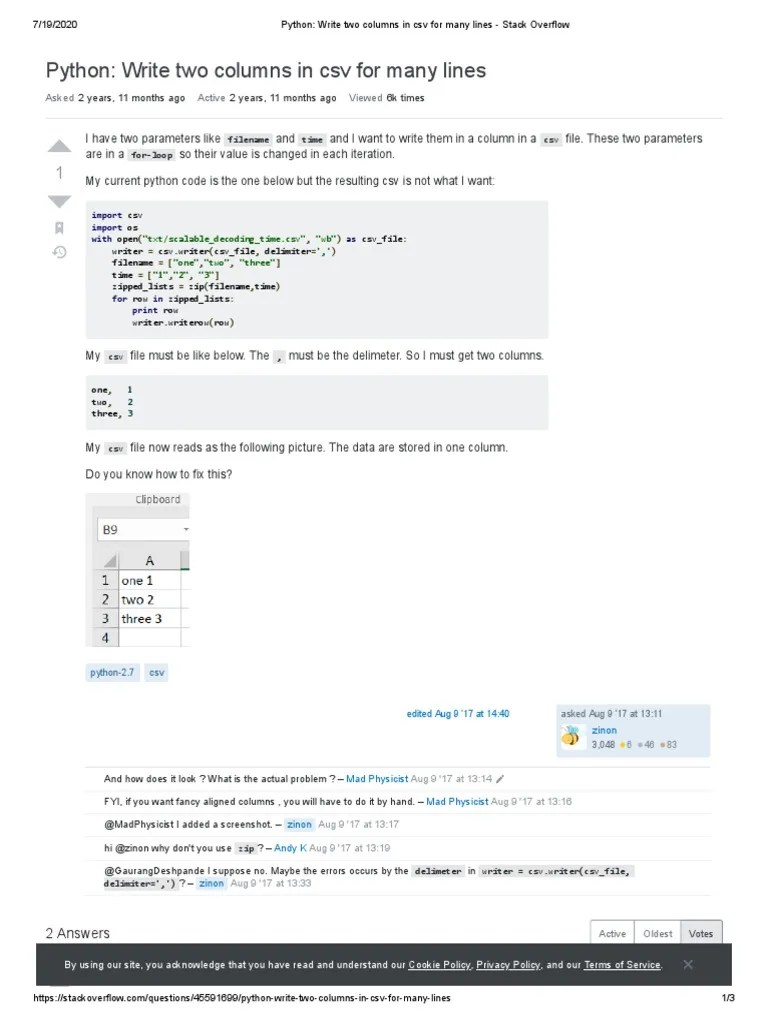 Python - Write Two Columns In CSV For Many Lines - Stack Overflow | PDF ...