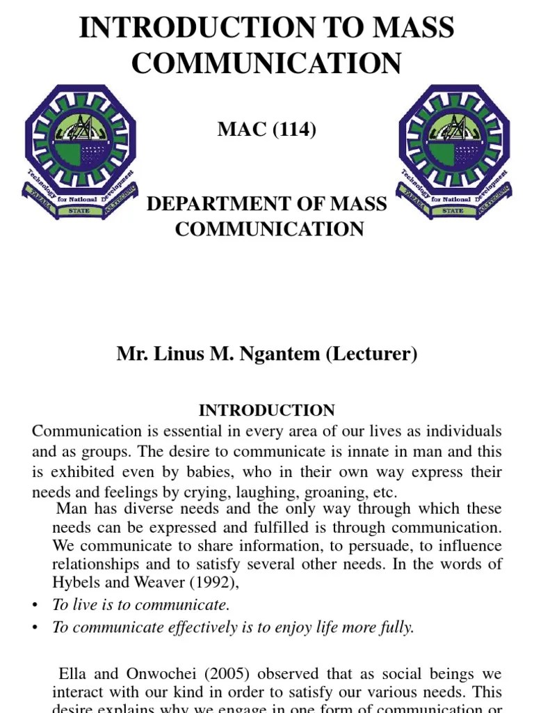 INTRODUCTION TO MASS COMMUNICATION Lecture Slides | PDF | Communication ...