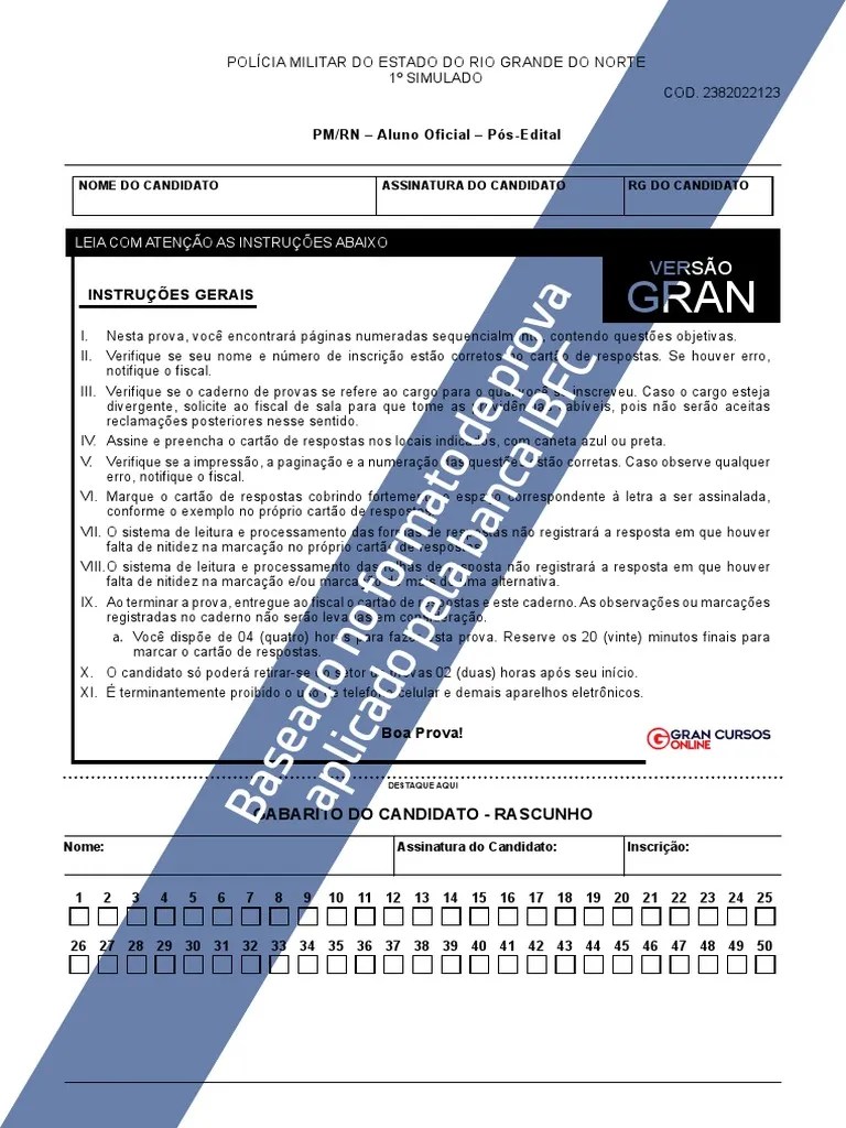 PM RN 1 Simulado Policia Militar Do Rio Grande Do Norte Aluno Oficial ...